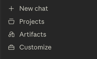 A close crop of Claude's left sidebar showing four icons: New chat, Projects, Artifacts, and Customize