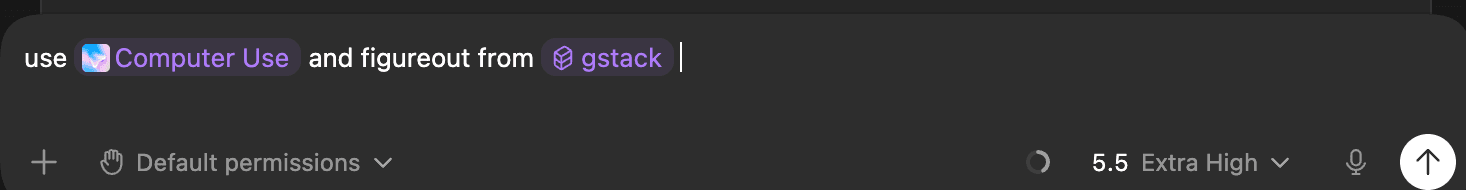 A Codex composer with two purple, icon-backed chips reading Computer Use and gstack inside the input area