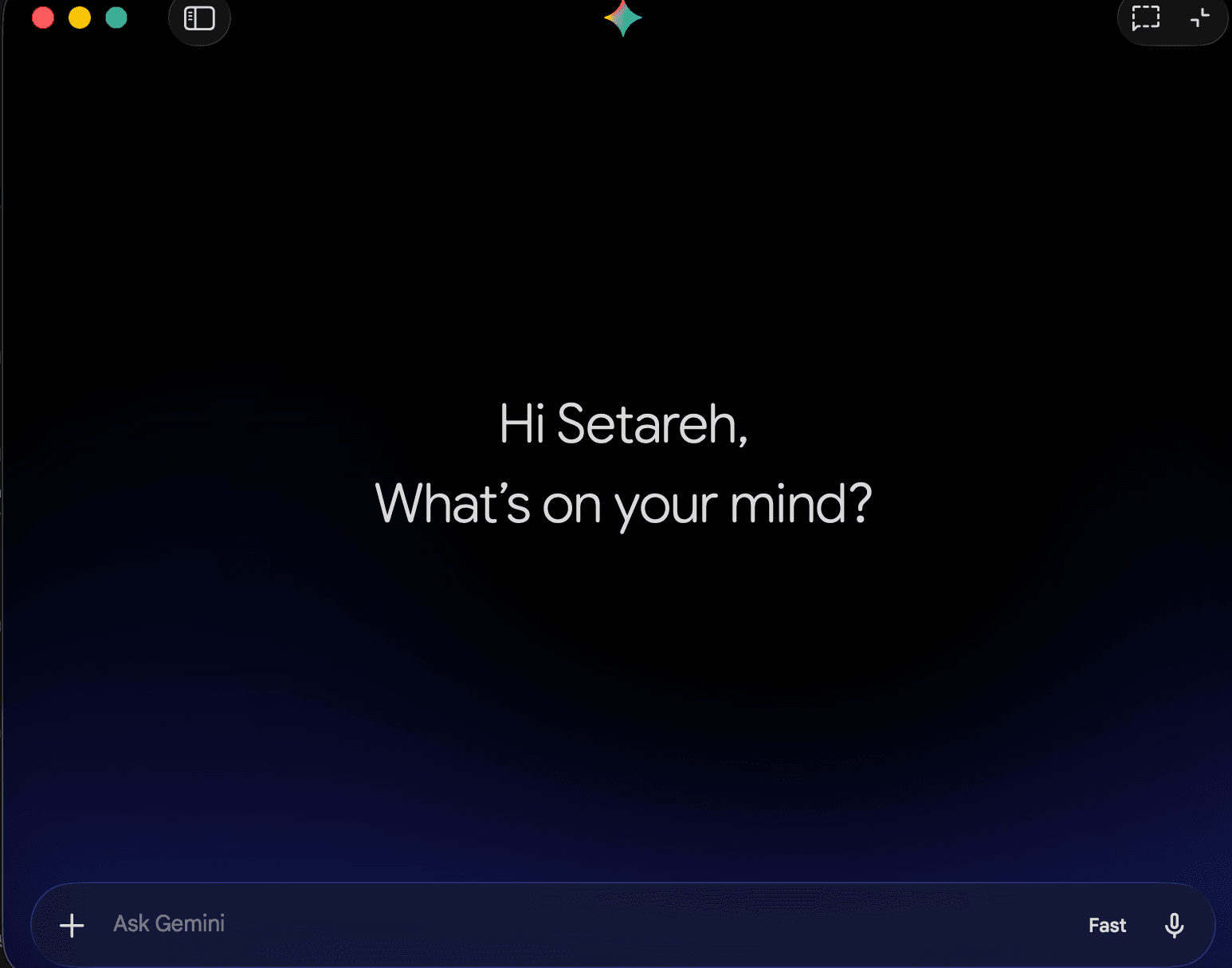 The Gemini macOS app home screen: a large dark gradient with a centred Hi Setareh, what's on your mind greeting and a bottom prompt box