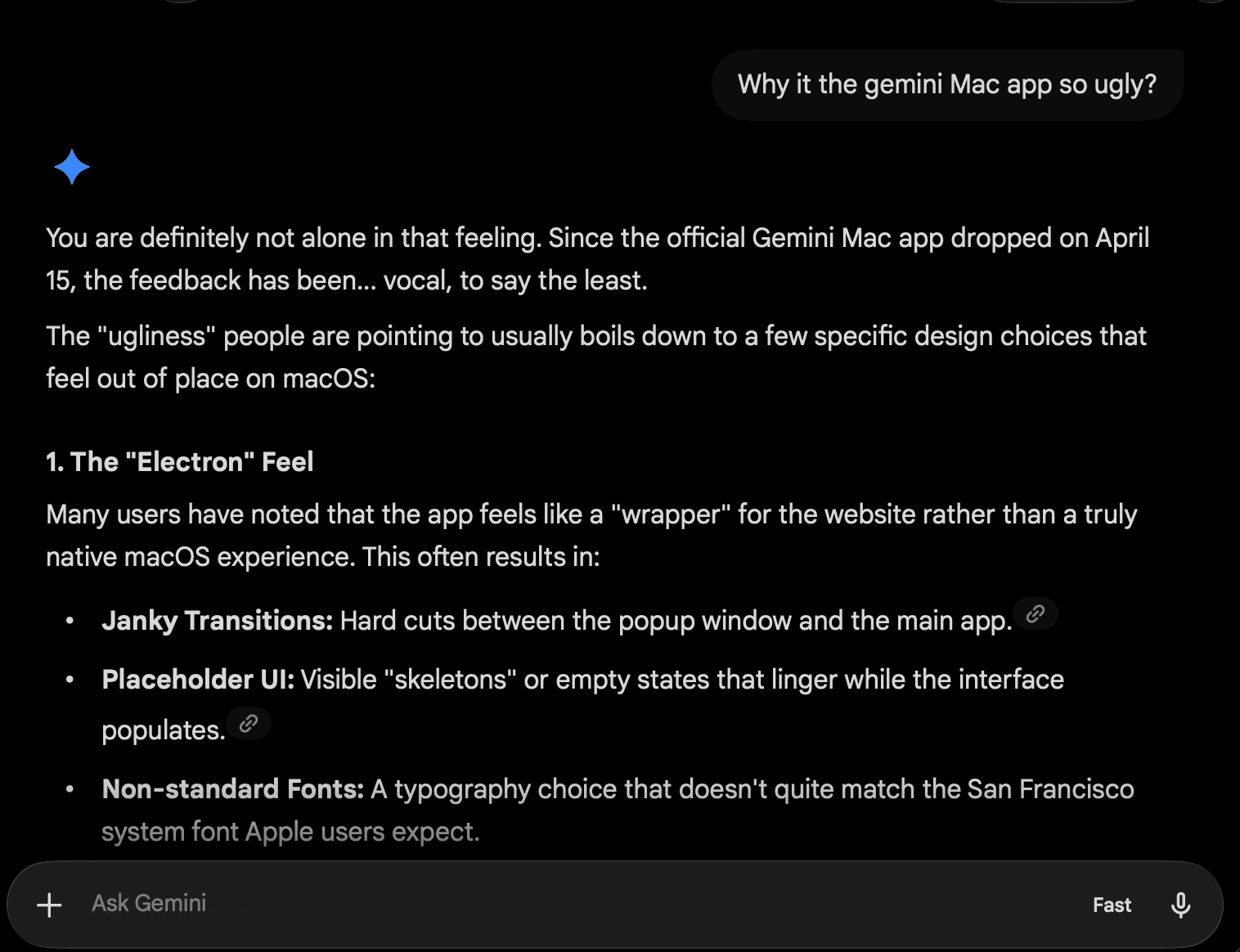 Gemini answering a question about why its macOS app feels ugly, listing wrapper feel, janky transitions, lingering placeholder UI, and non-native typography