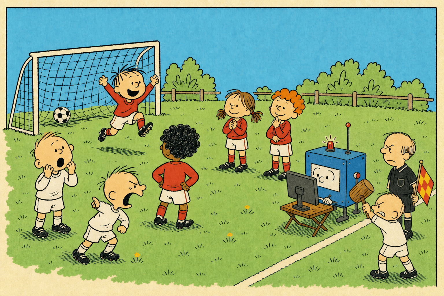 Children wait on a football pitch while a small friendly video-review machine studies a monitor after a goal