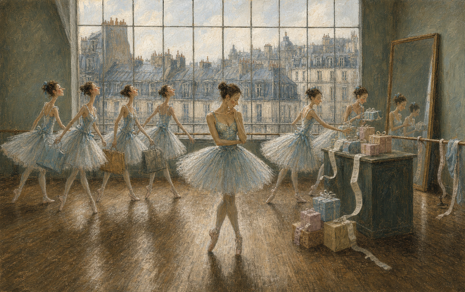 A theatrical oil-painted ballet studio scene where elongated dancers move toward wrapped parcels while one dancer pauses in hesitation.